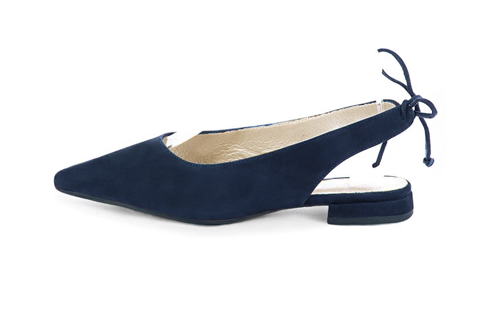 Women's navy blue elegant slingback heels. Pointed toe. Flat flare heels - Profile view